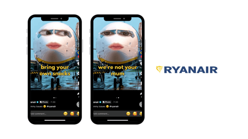 Screenshots of Ryanair's social media page (Instagram) that shows the Ryanair plane with a face on it, and the phrase 
