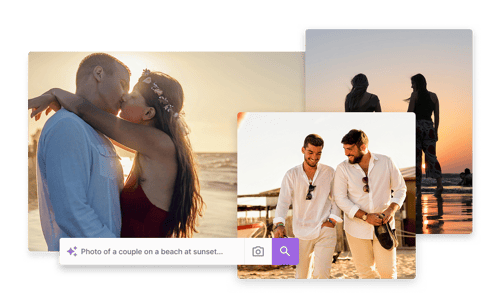3 images of couples on beaches at sunset. 2 of the couples are gay, one couple is straight. the straight couple are kissing.